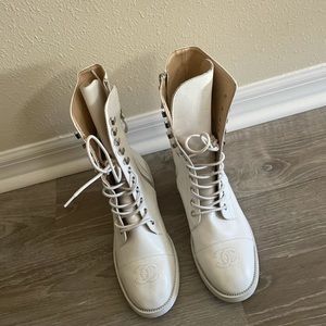 Chanel CC calf skin lace up boots